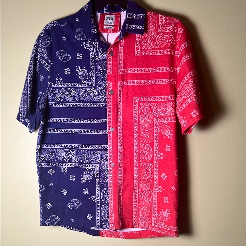 Zara Men's Blue and Red Bandana Shirt